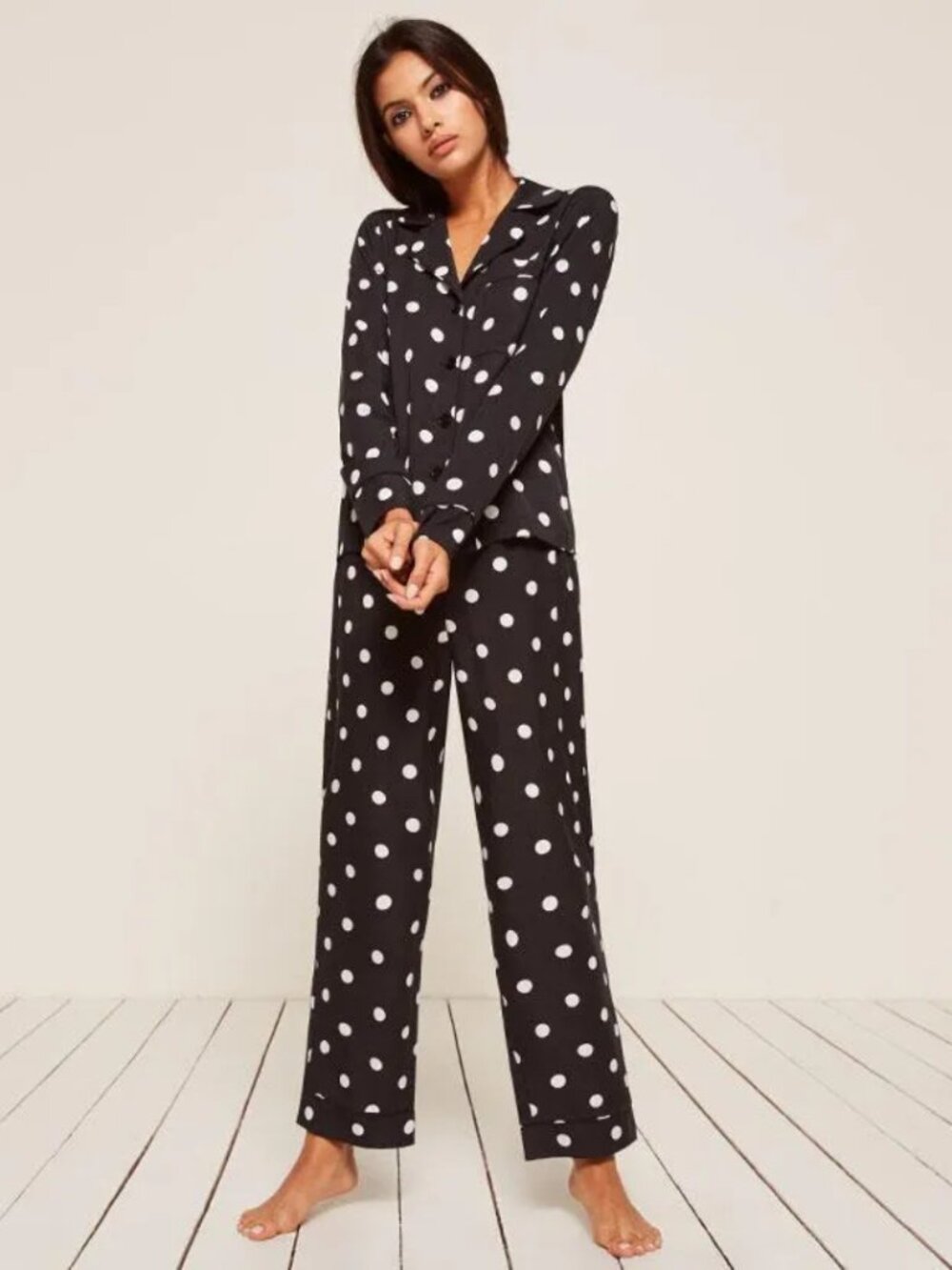 Reformation Mimi Pajama Set Navy Blue White Polka Dots Size Medium Classic